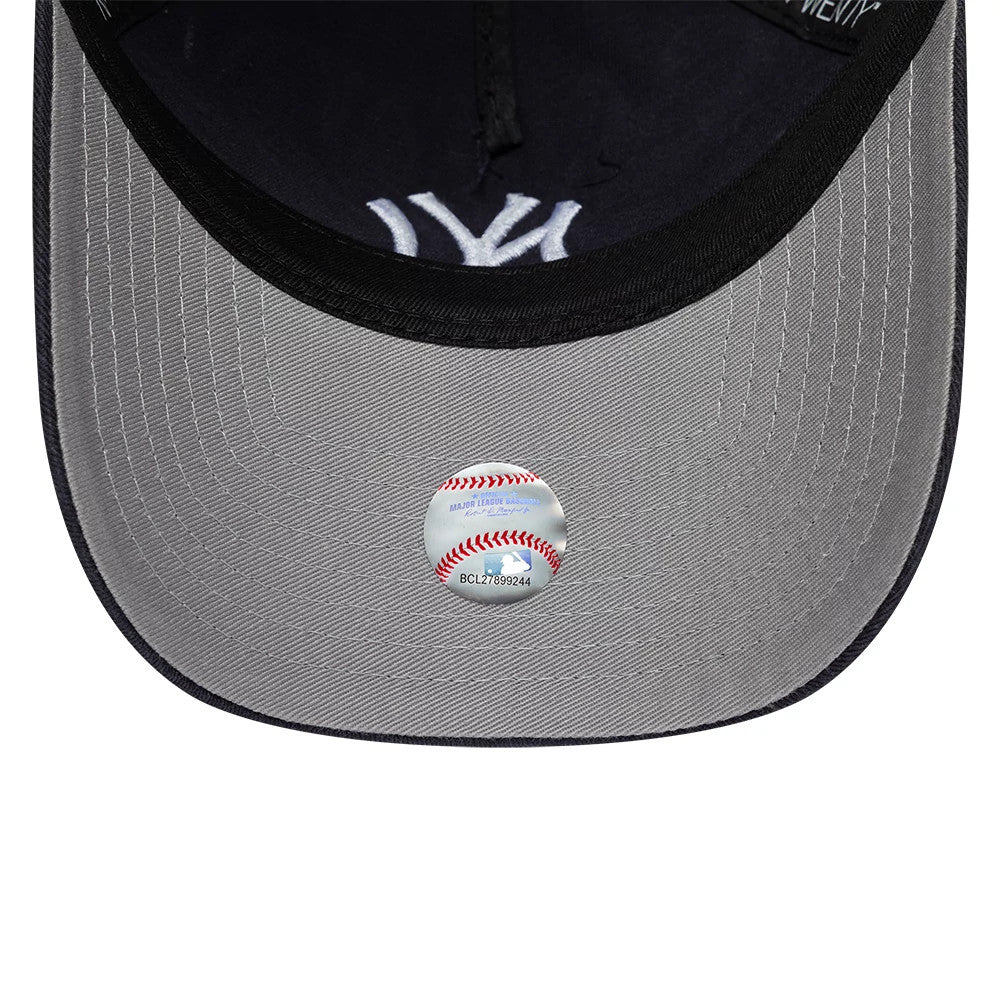 New York Yankees MLB Navy New Era 9TWENTY A-Frame Adjustable Cap, inside view showing black taping, a grey undervisor with a holographic sticker, and the white Yankees logo embroidered under the crown.