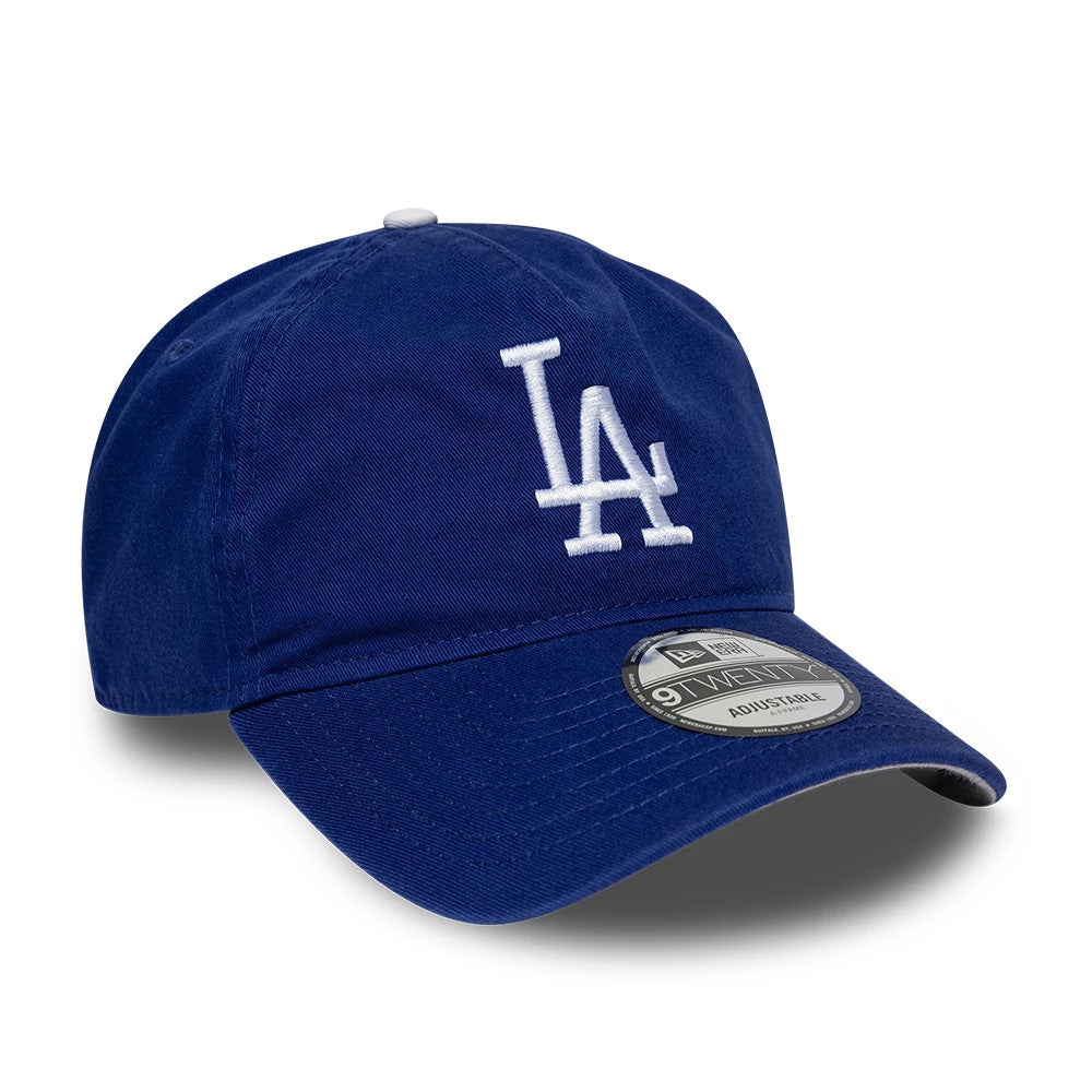 LA Dodgers MLB Blue New Era 9TWENTY A-Frame Adjustable Cap, three-quarter view showing the white raised embroidered LA logo on the front panel and a grey 9TWENTY size sticker on the curved visor, with a white top button.