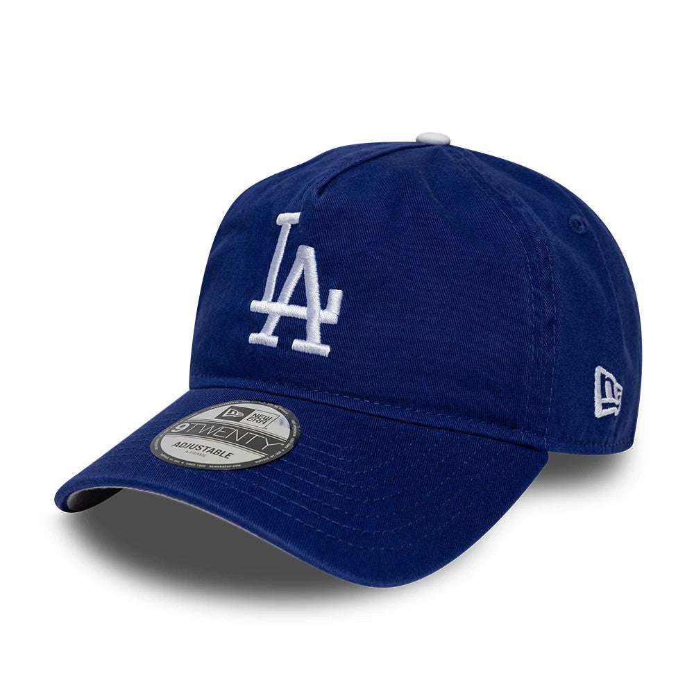 LA Dodgers MLB Blue New Era 9TWENTY A-Frame Adjustable Cap, three-quarter view with raised white LA logo on front panel, curved blue visor with a 9TWENTY size sticker, and New Era flag logo on the left side.