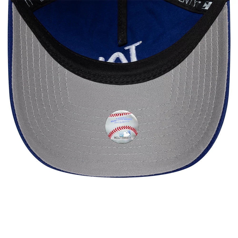 LA Dodgers MLB Blue New Era 9TWENTY A-Frame Adjustable Cap, inside view showing blue taping with New Era logos, black sweatband, and a sticker resembling a baseball on the grey undervisor.