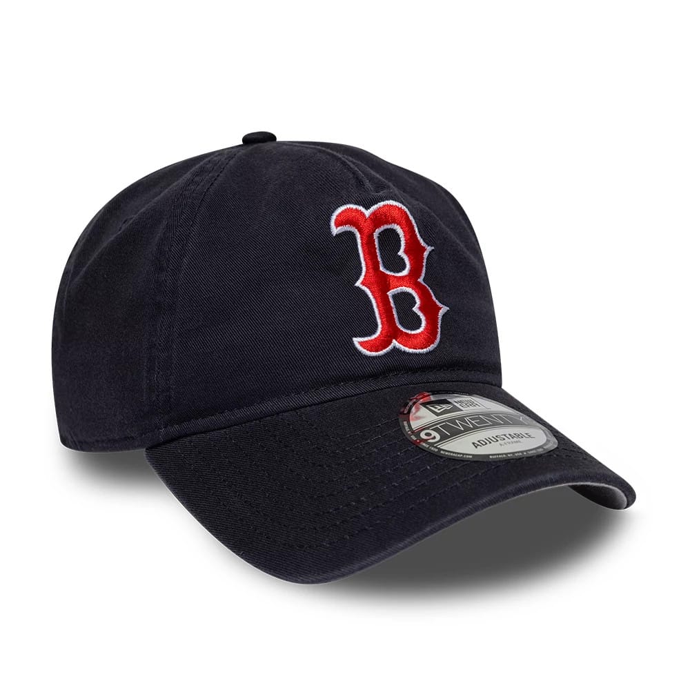 Boston Red Sox MLB Navy New Era 9TWENTY A-Frame Adjustable Cap, three-quarter view showing the raised red B logo with white outline on the front panel, curved visor with a 9TWENTY size sticker and navy eyelets.