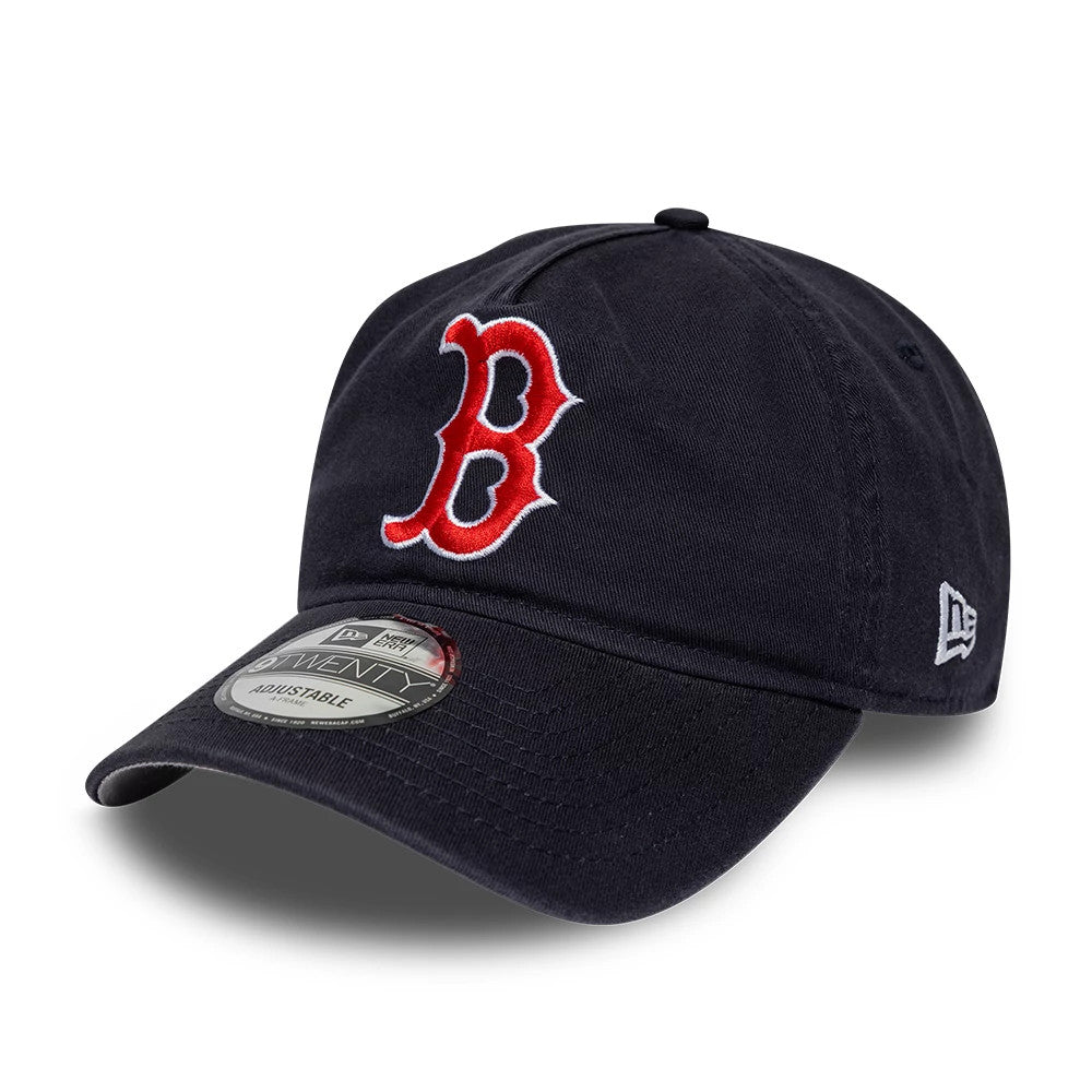 Boston Red Sox MLB Navy New Era 9TWENTY A-Frame Adjustable Cap, front view showing the raised red B logo on the front panel, curved visor with 9TWENTY size sticker, and embroidered New Era flag logo on the left side.