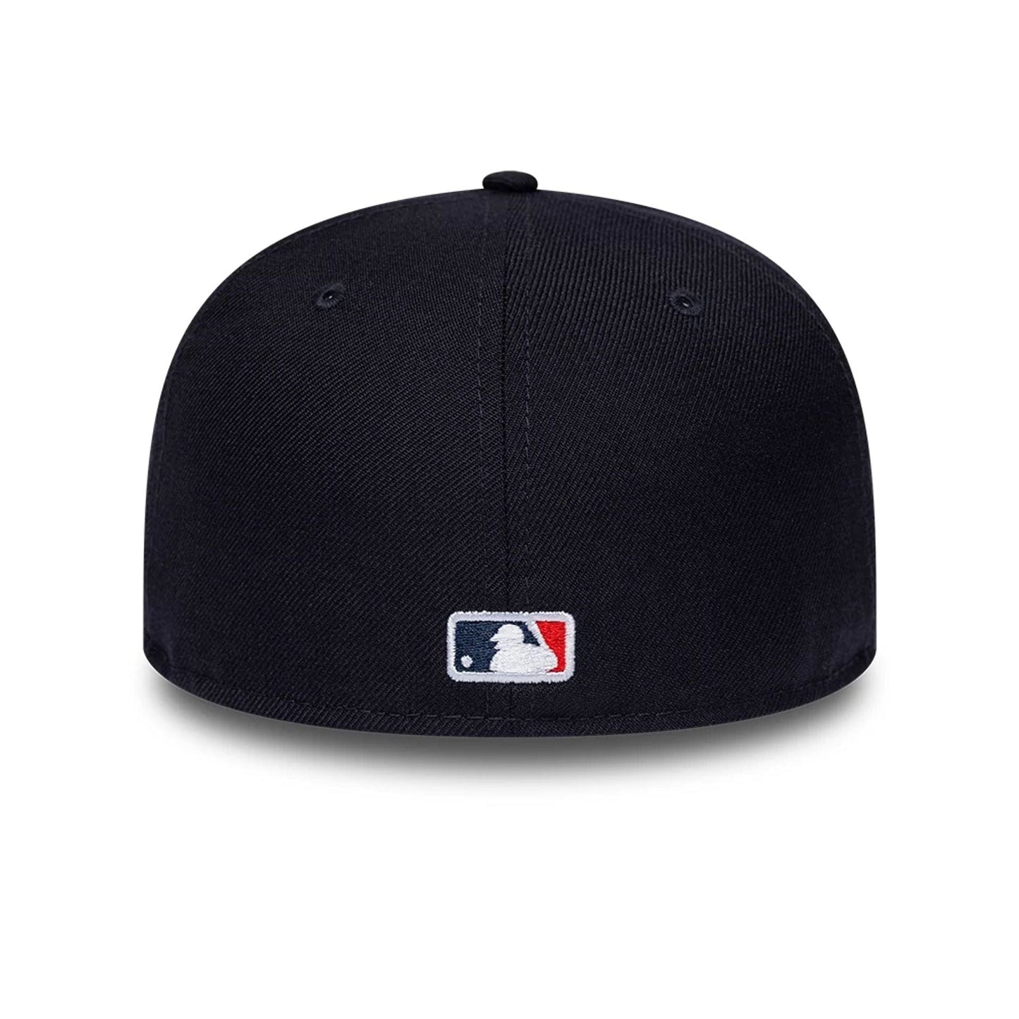 New York Yankees MLB Soft Buckram Navy New Era 59FIFTY Fitted Cap, rear view showing the embroidered white and red MLB Batterman logo centred on the back panels of the structured navy crown.