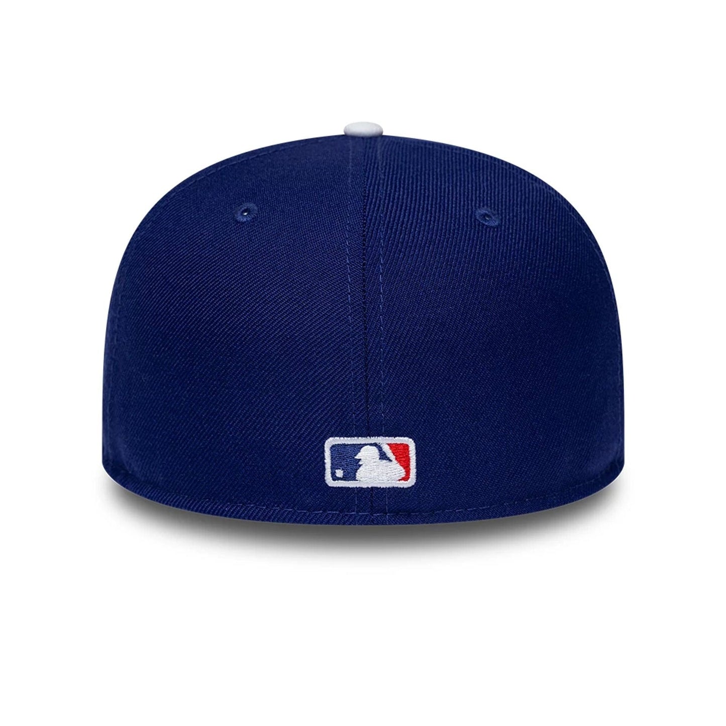 LA Dodgers MLB Soft Buckram Blue New Era 59FIFTY Fitted Cap, rear view showing the embroidered MLB Batterman logo centred above the brim on the deep blue structured crown with a contrasting white top button.