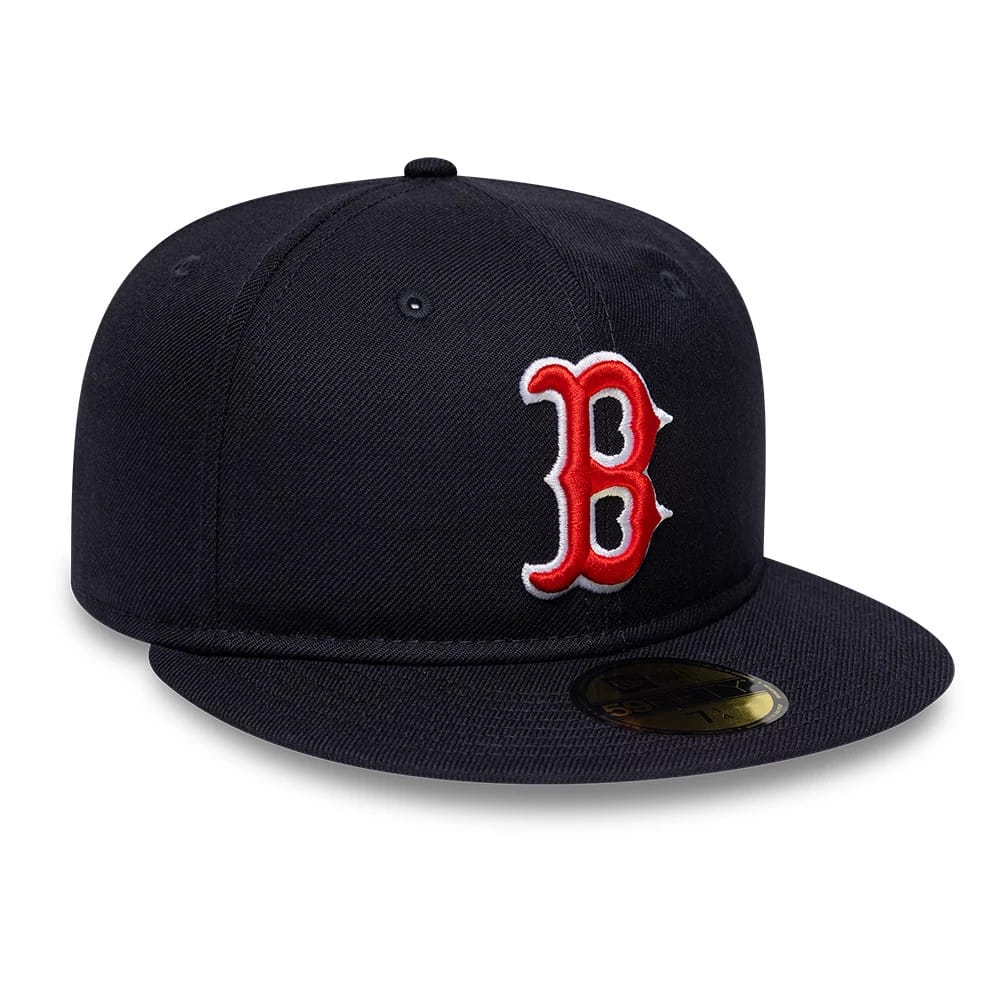 Boston Red Sox MLB Soft Buckram Navy New Era 59FIFTY Fitted Cap, front view showing the raised red B logo on the front panel, with a flat visor and gold 59FIFTY size sticker on top.