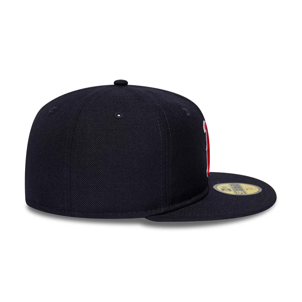 Boston Red Sox MLB Soft Buckram Navy New Era 59FIFTY Fitted Cap, three-quarter view showing the raised red B logo on the front panel, navy visor with the gold 59FIFTY size sticker, and eyelets on the structured crown.