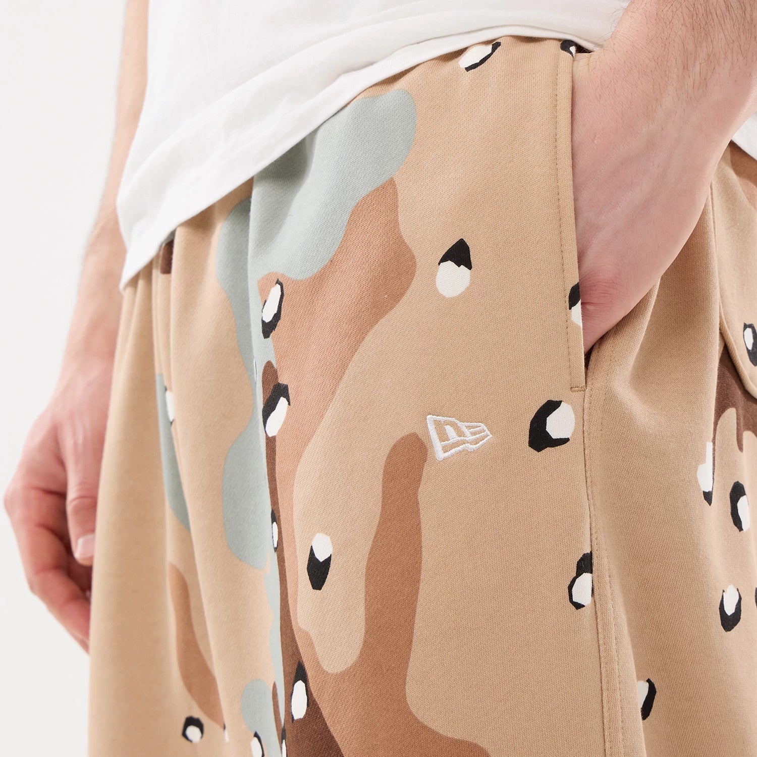 The model is wearing these New Era Desert Camo Joggers. 3