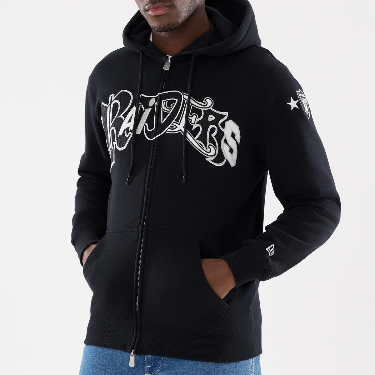 Las Vegas Raiders NFL Word Art Black 2 Way Full Zip Hoodie, front view showing black fabric with bold white "Raiders" text across the chest, adjustable drawstring hood, full-length zip closure, and a raised New Era logo on the left cuff.