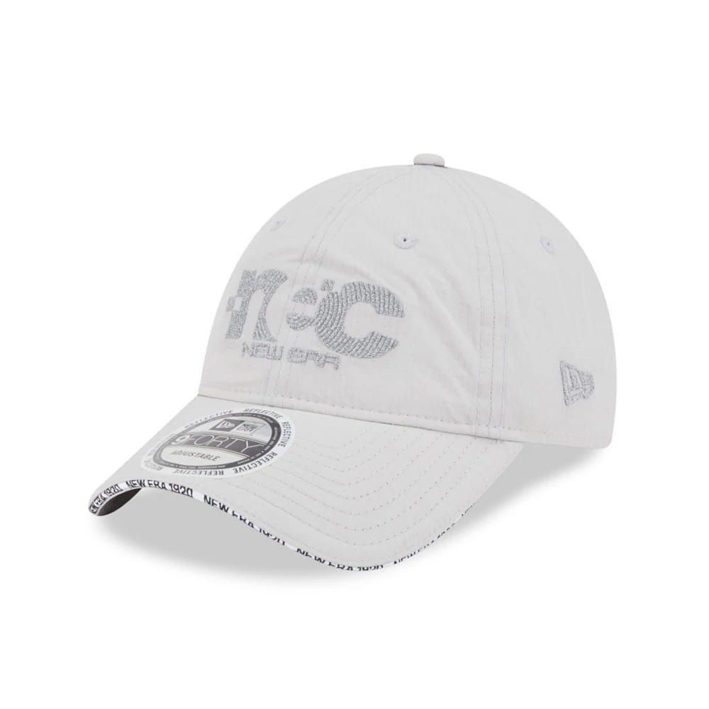 New Era NEC Logo Grey New Era 9FORTY Unstructured Adjustable Cap, three-quarter view with grey embroidered NEC logo on the front panel, a New Era flag logo on the left side, and a 9FORTY size sticker on the curved visor.
