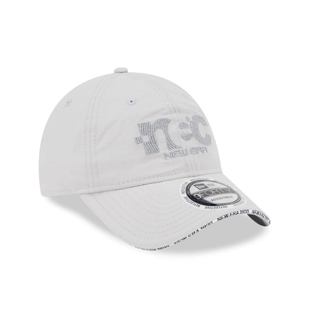 New Era NEC Logo Grey New Era 9FORTY Unstructured Adjustable Cap, three-quarter view showing raised grey NEC logo on the front panel, black 9FORTY size sticker on the curved visor and New Era branding on the undervisor edge.