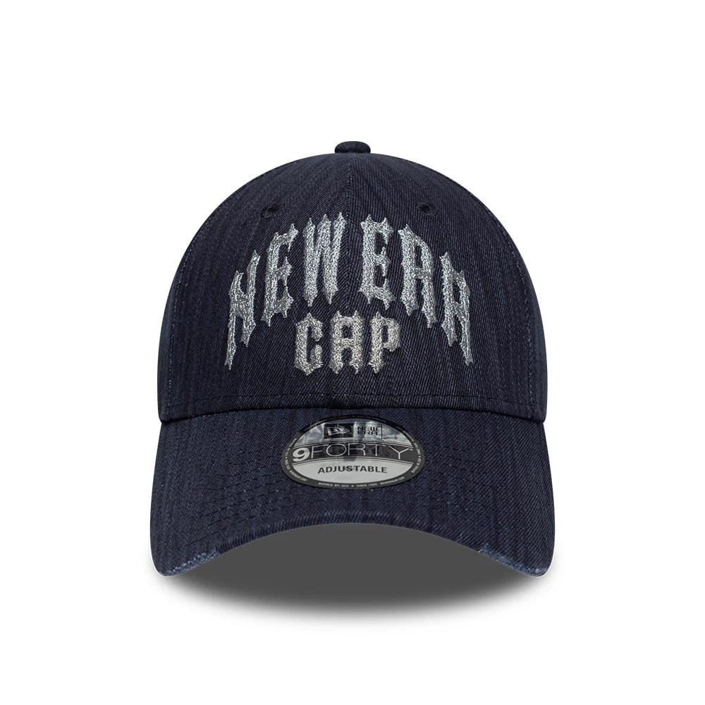 New Era Street Archived Navy New Era 9FORTY Adjustable Cap, front view showing grey raised embroidery of New Era Cap on the front panel, curved visor with 9FORTY size sticker and navy top button.