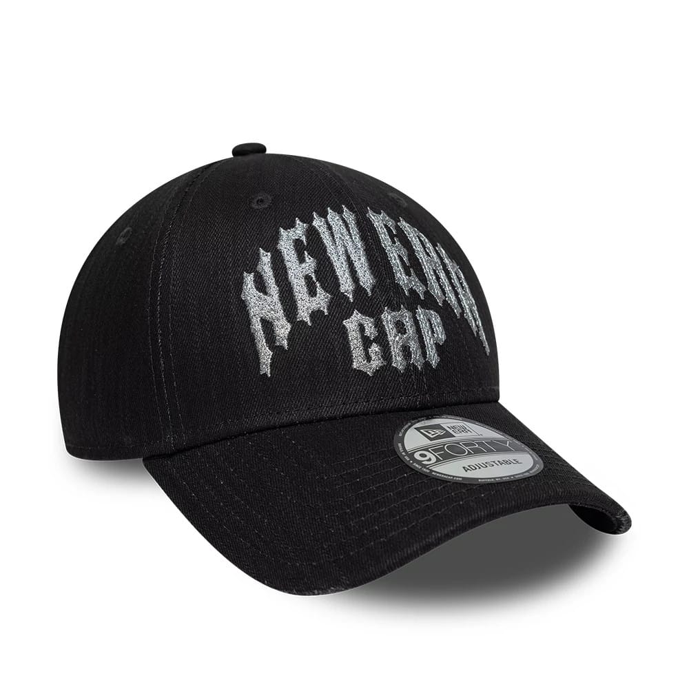 New Era Street Archived Black New Era 9FORTY Adjustable Cap, front view showing silver embroidered logo text on the black crown, with a curved visor and a 9FORTY size sticker on top.
