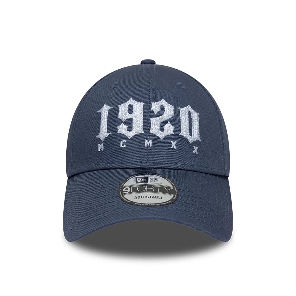 New Era Street Archived Dark Blue 9FORTY Adjustable Cap, front view showing the white embroidered 1920 logo with Roman numerals on the structured crown, featuring a curved visor with a 9FORTY size sticker.