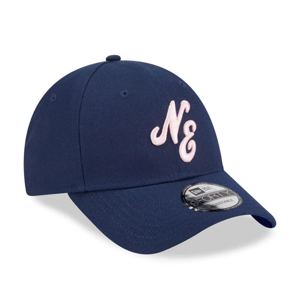 New Era Sakura Dark Blue 9FORTY Adjustable Cap, three-quarter view showing the pink embroidered NE logo on the front panel, with a curved visor and a 9FORTY size sticker on the top of the visor.