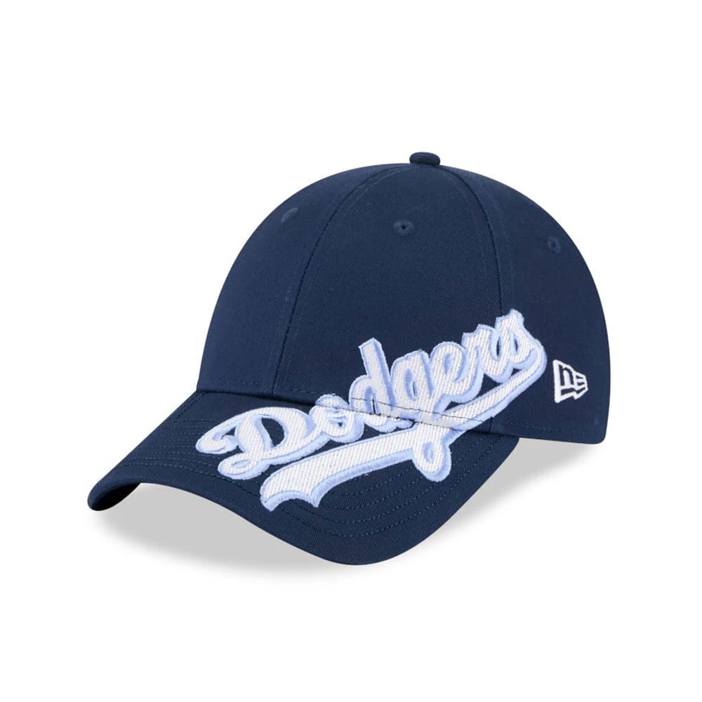 LA Dodgers MLB Mix League Dark Blue New Era 9FORTY Adjustable Cap, front view showing raised white Dodgers script logo embroidery across the front panel, with a curved visor and New Era flag logo on the left side.