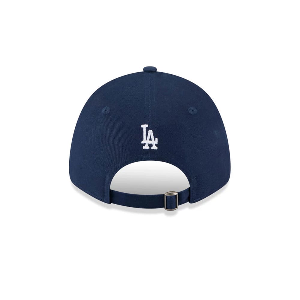 LA Dodgers MLB Mix League Dark Blue New Era 9FORTY Adjustable Cap, rear view showing the white embroidered LA logo centred above the adjustable strap, with the top button and eyelets on the dark blue crown.