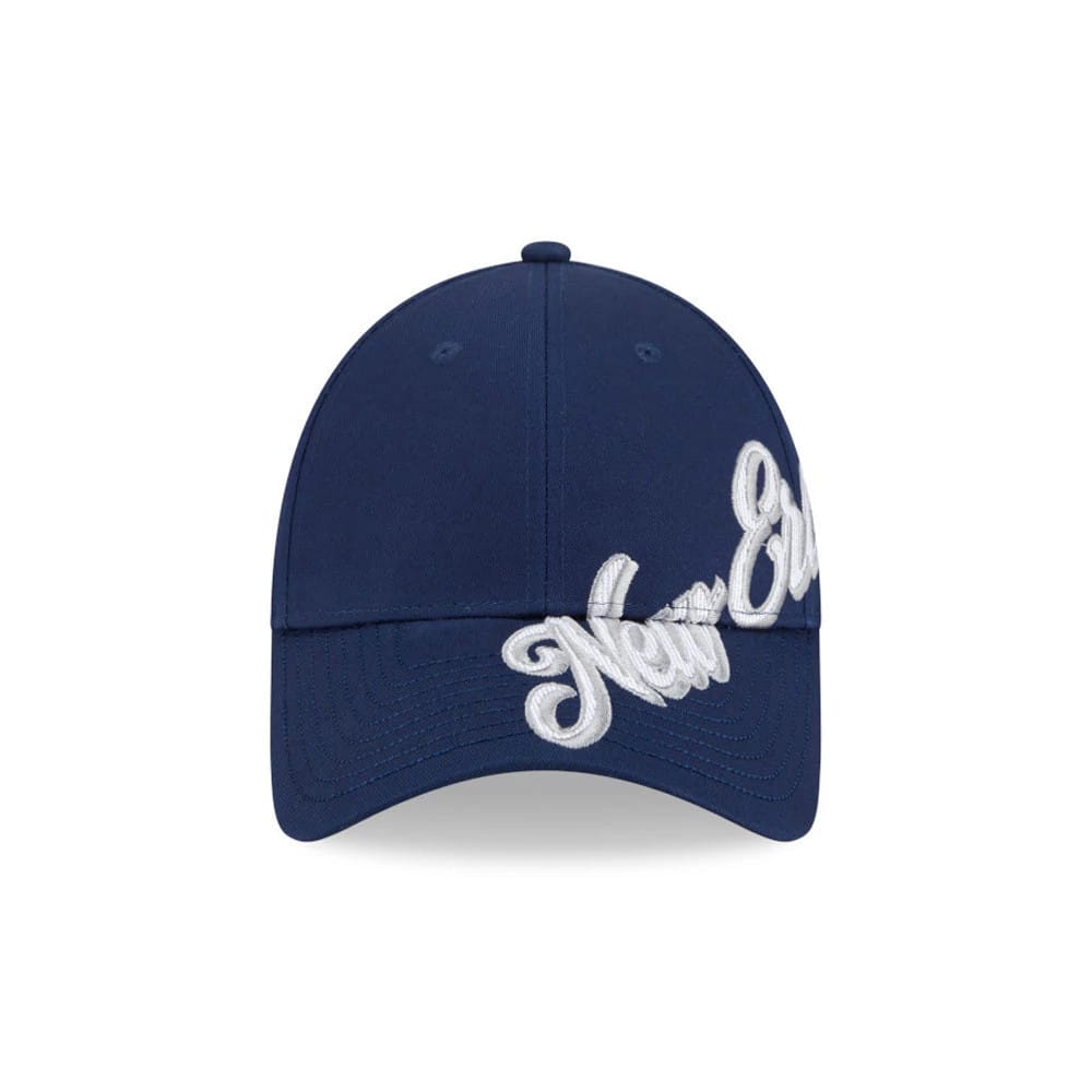 New Era Mix League Dark Blue New Era 9FORTY Adjustable Cap, front view showing raised white script embroidery on the structured dark blue front panels and the curved visor with matching stitched eyelets and top button.