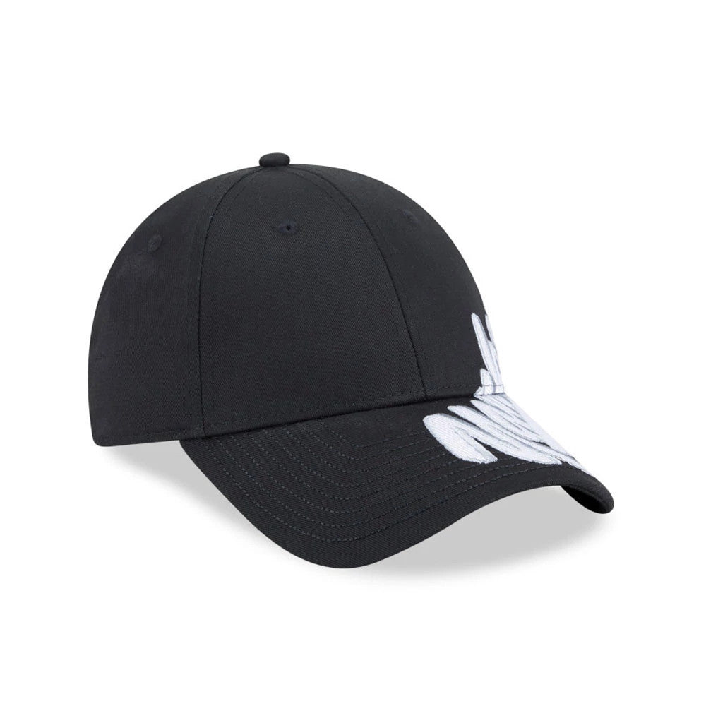 New York Yankees MLB Mix League Black New Era 9FORTY Adjustable Cap, side view showing the oversized white embroidered Yankees wordmark across the front panel and curved visor, with a structured black crown and top button.