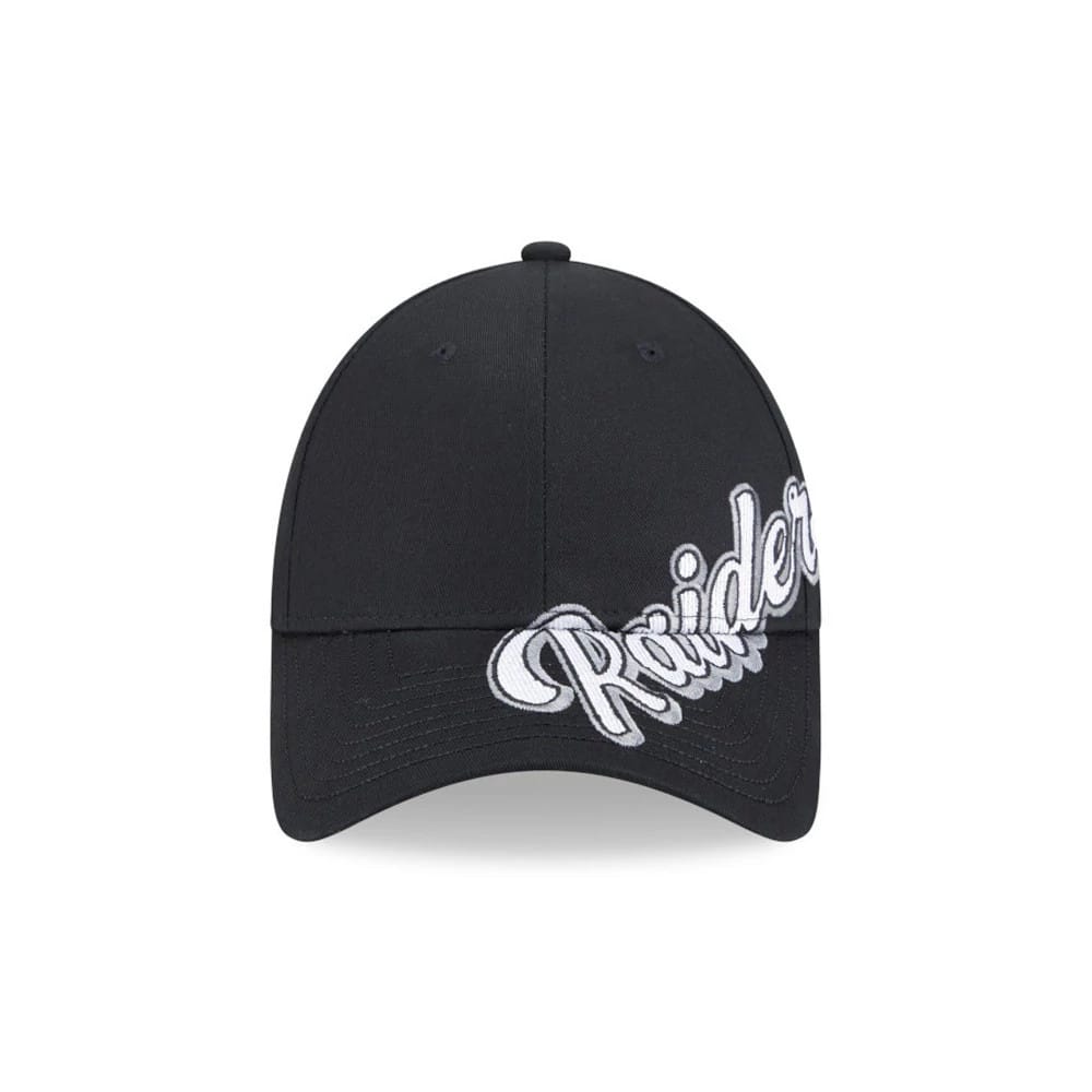 Las Vegas Raiders NFL Mix League Black New Era 9FORTY Adjustable Cap, front view showing raised white embroidered Raiders script logo across the structured black crown and curved visor with a 9FORTY size sticker.