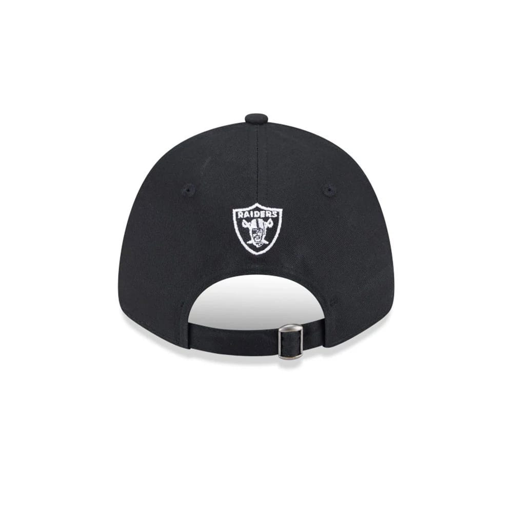 Las Vegas Raiders NFL Mix League Black New Era 9FORTY Adjustable Cap, rear view showing the white embroidered Raiders shield logo centred on the back panels above the adjustable strap and metal buckle.
