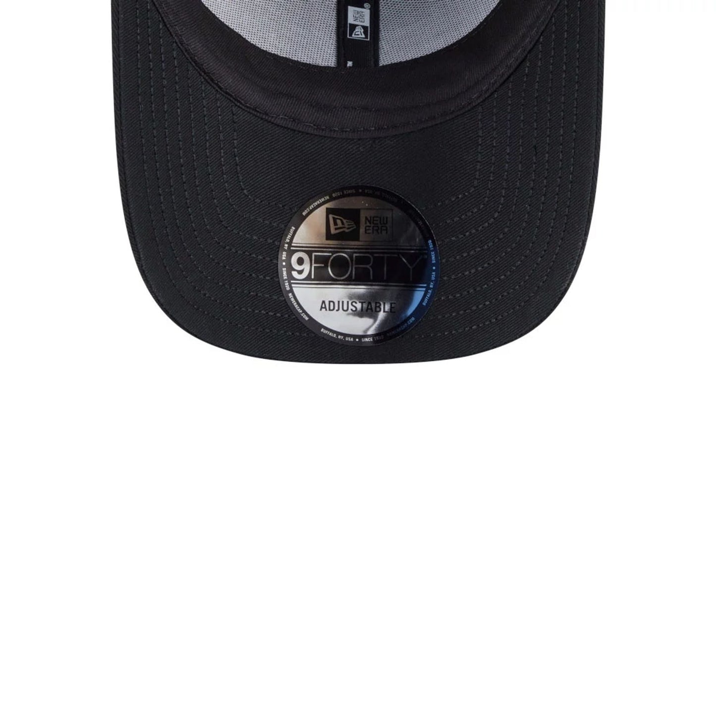 Las Vegas Raiders NFL Mix League Black New Era 9FORTY Adjustable Cap, inside view showing the black sweatband, grey taping featuring the New Era logo, and the 9FORTY size sticker on the underside of the visor.