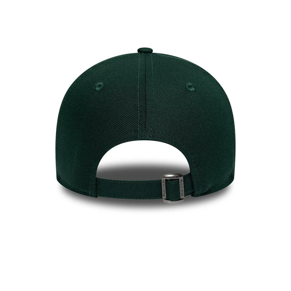 New Era Earth Day Dark Green 9FORTY Adjustable Cap, rear view showing the open back with an adjustable strap and metal buckle, centred on the structured dark green crown with tonal eyelets and top button.