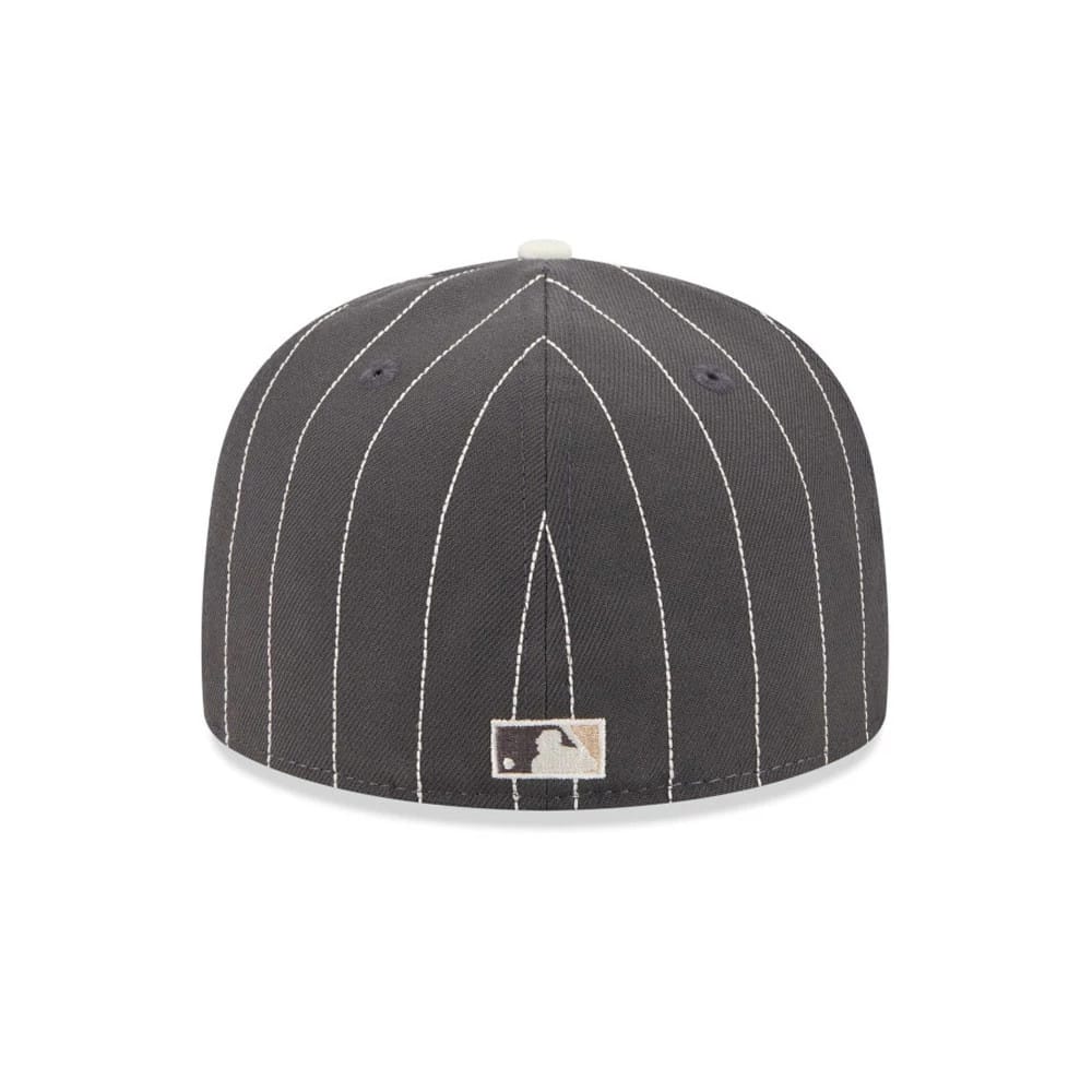San Francisco Giants MLB Stripes Dark Grey New Era 59FIFTY Fitted Cap, rear view showing the white embroidered MLB Batterman logo at the centre back of the crown, with vertical white stripes running down the dark grey panels.