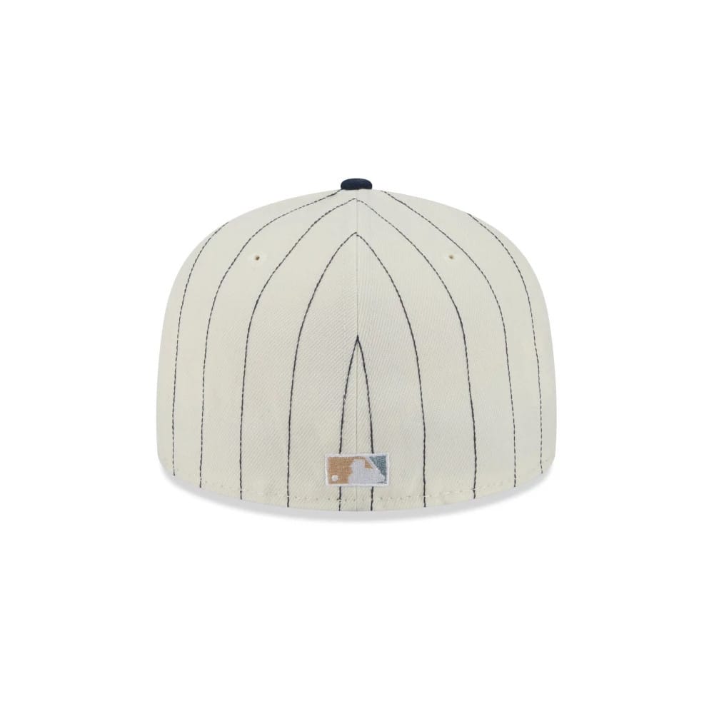 LA Dodgers MLB Stripes Cream New Era 59FIFTY Fitted Cap, rear view showing the MLB Batterman logo centred on the back panel, with vertical navy stripes on a cream background and a matching navy top button.