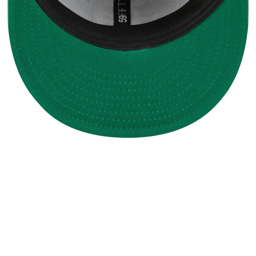 Detroit Tigers MLB Stripes Dark Blue New Era 59FIFTY Fitted Cap, inside view showing the green undervisor and black taping with white 59FIFTY lettering, along with a black sweatband inside the structured crown.