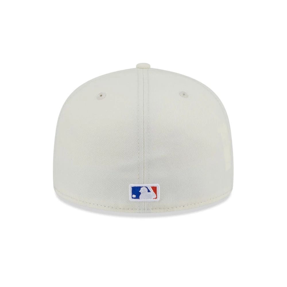 New York Mets MLB City Series White New Era 59FIFTY Fitted Cap, rear view showing the MLB Batterman logo embroidered at the centre back of the white crown, with an absence of a closure adding to its clean look.
