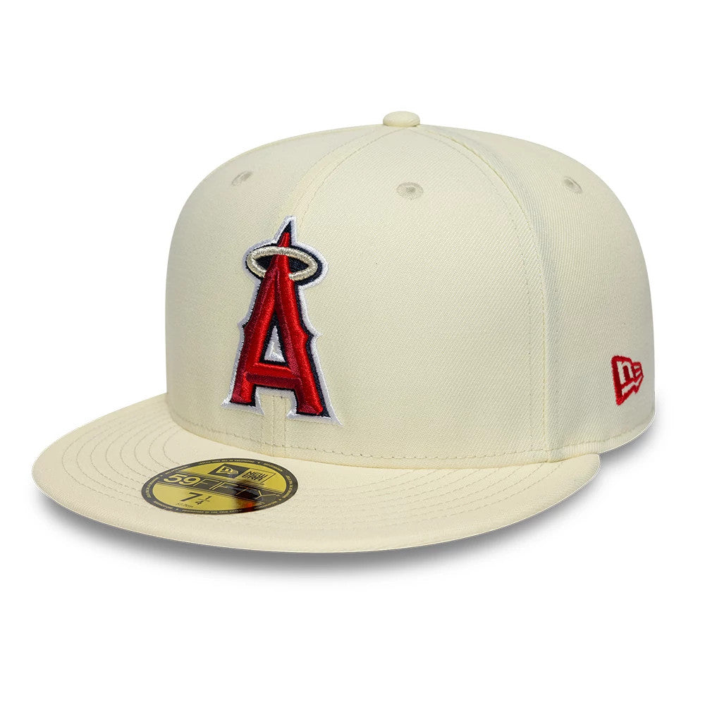 LA Angels MLB City Series White New Era 59FIFTY Fitted Cap, front view showing raised red A logo with a halo on the front panels, a gold 59FIFTY size sticker on the visor and New Era flag logo in red on the left side.