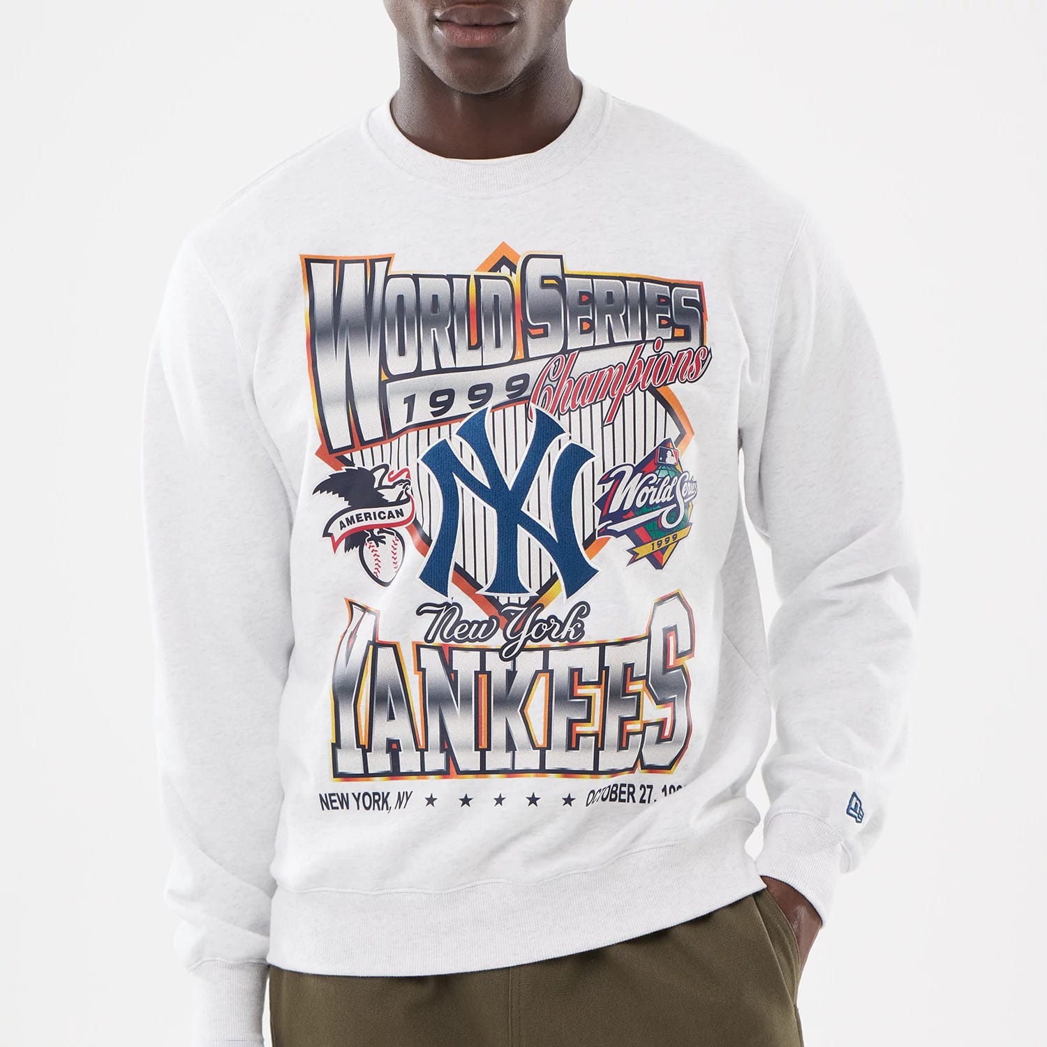 The model is wearing this MLB Retro New York Yankees Oversized Crew Neck Sweater in White 3