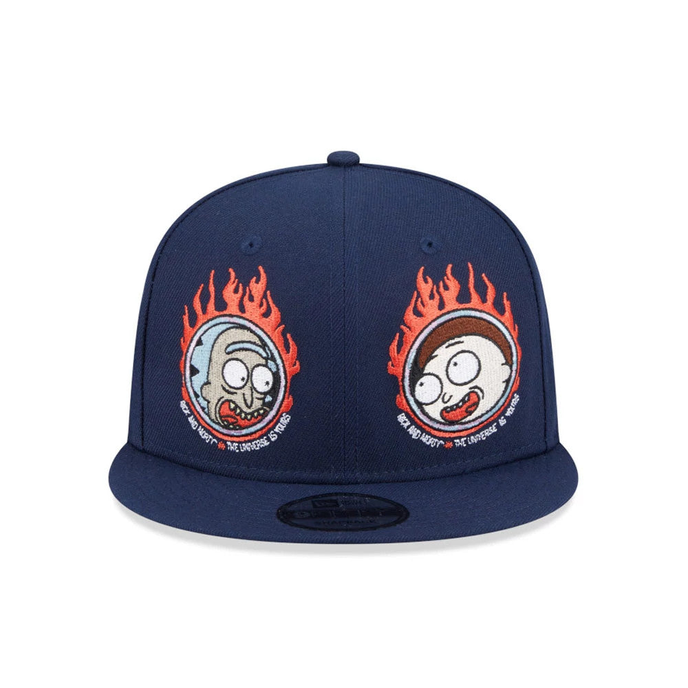Rick And Morty Dark Blue New Era 9FIFTY Adjustable Cap, front view showing flame-bordered embroidered Rick and Morty characters on the structured dark blue crown with a black 9FIFTY size sticker on the visor.