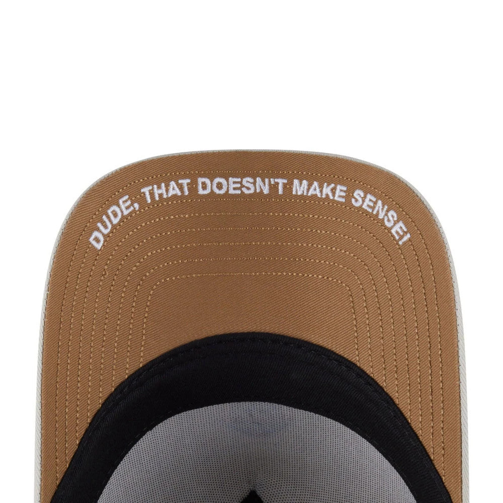 South Park Stan Marsh Beige New Era 9FORTY A-Frame Adjustable Cap, inside view showing the black undervisor with white stitching and the phrase "DUDE, THAT DOESN'T MAKE SENSE!" embroidered on the brown underside of the visor.