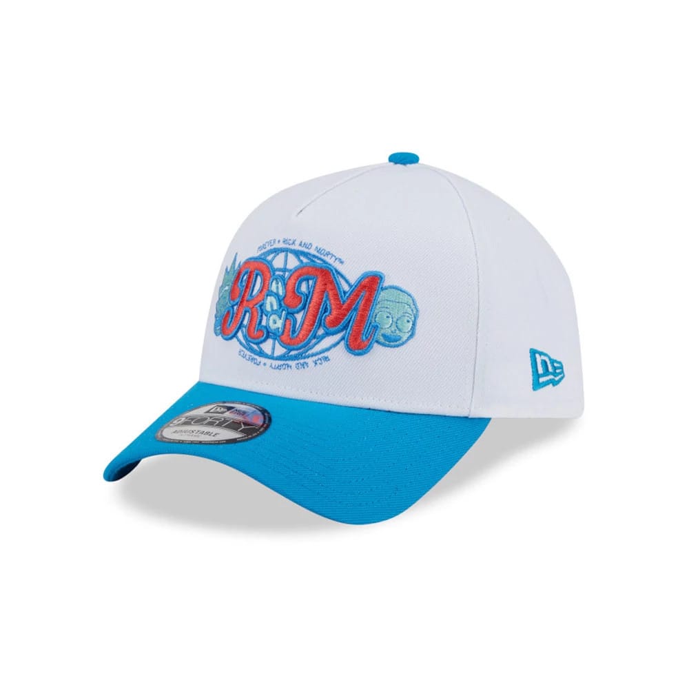 Rick And Morty White New Era 9FORTY A-Frame Adjustable Cap, front view showing blue and red embroidered RM logo on the white crown, blue top button and visor, with New Era flag logo on the left side and 9FORTY size sticker on the visor.