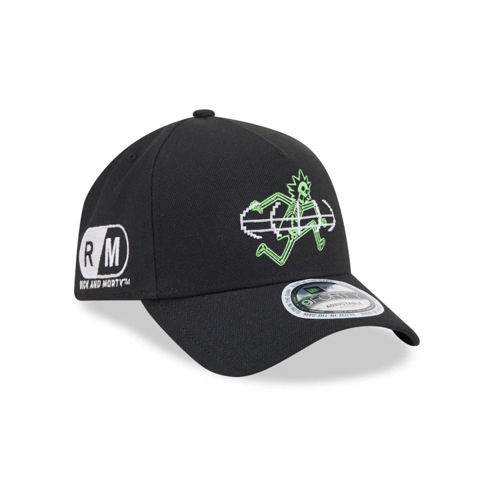 Rick And Morty Glow In The Dark Black New Era 9FORTY A-Frame Adjustable Cap, front view showing a neon green embroidered Rick graphic on the front panel and RM logo on the left side, with a 9FORTY size sticker on the black curved visor.