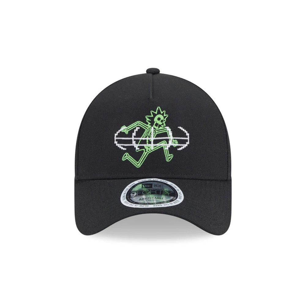 Rick And Morty Glow In The Dark Black New Era 9FORTY A-Frame Adjustable Cap, front view with a green and white glow-in-the-dark graphic on the front panel and a 9FORTY size sticker on the curved black visor.
