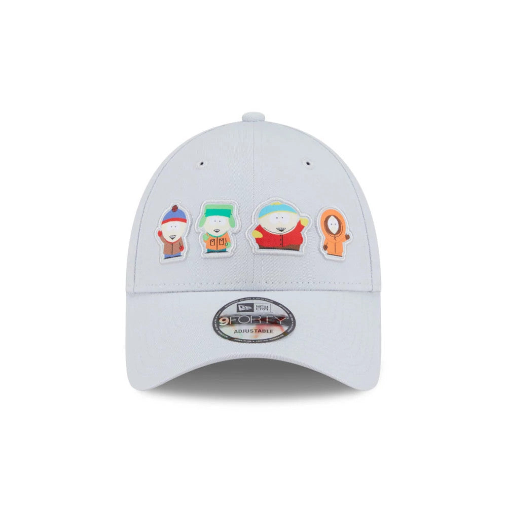South Park Grey New Era 9FORTY Adjustable Cap, front view showing four embroidered character patches from the series on the front panel, with a curved visor and a 9FORTY size sticker on top.