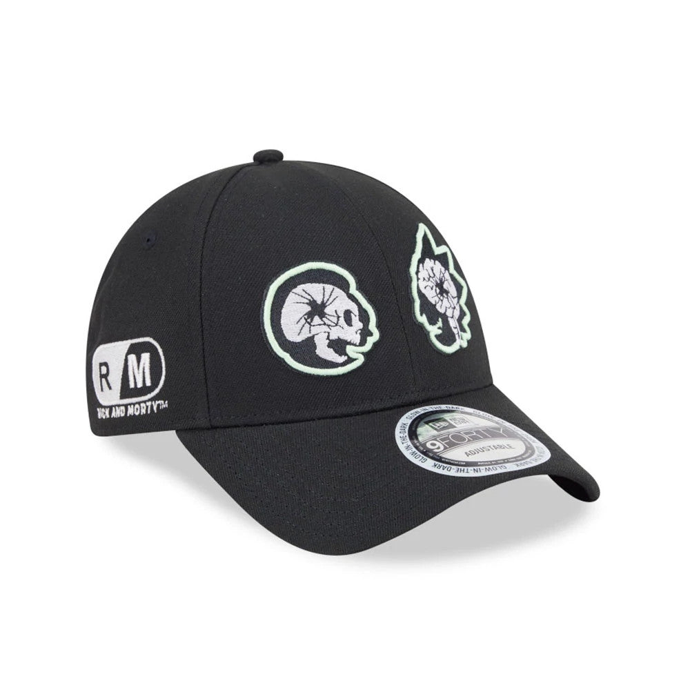 Rick And Morty Glow In The Dark Black New Era 9FORTY Adjustable Cap, front view showing glow-in-the-dark dual character embroidery on the front panels with a curved visor and 9FORTY size sticker on top.