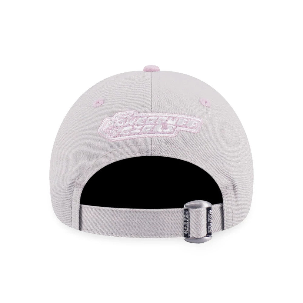Powerpuff Girls Blossom Grey & Pink New Era 9TWENTY Adjustable Cap, rear view showing pink embroidered logo across the back panels and a silver buckle on the grey adjustable strap, with a pink top button and eyelets.
