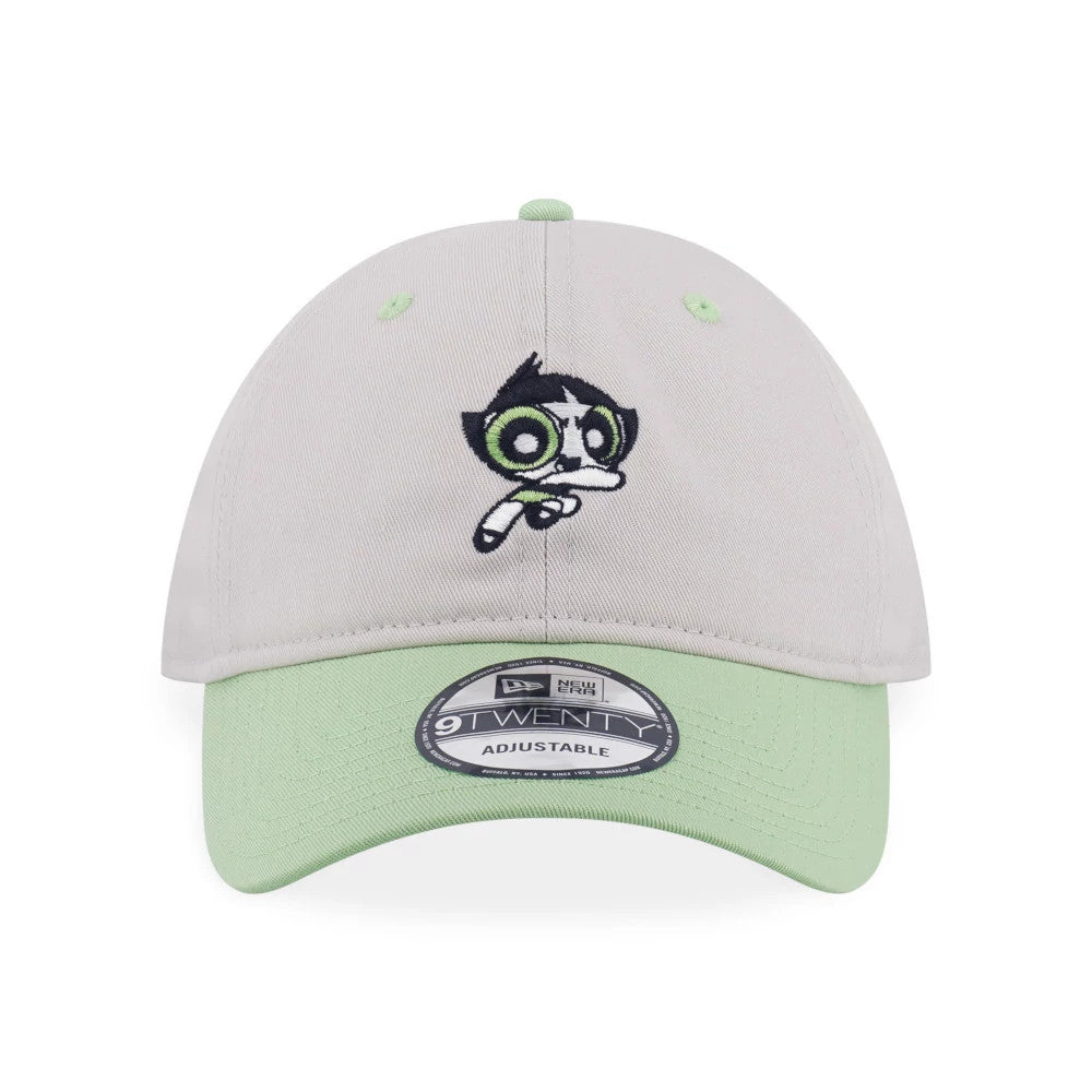 Powerpuff Girls Buttercup Grey & Green New Era 9TWENTY Adjustable Cap, front view showing an embroidered Buttercup character on the front panel, with a light green visor and a 9TWENTY size sticker on top.