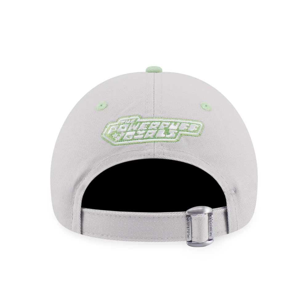 Powerpuff Girls Buttercup Grey & Green New Era 9TWENTY Adjustable Cap, rear view showing the embroidered Powerpuff Girls logo in light green on the centre back, with a matching green top button and eyelets above the adjustable strap.