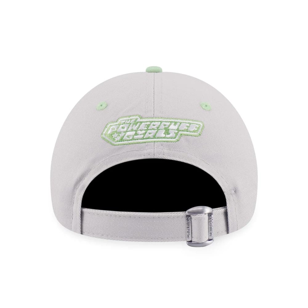 Powerpuff Girls Buttercup Grey & Green New Era 9TWENTY Adjustable Cap, rear view showing the embroidered Powerpuff Girls logo in light green on the centre back, with a matching green top button and eyelets above the adjustable strap.