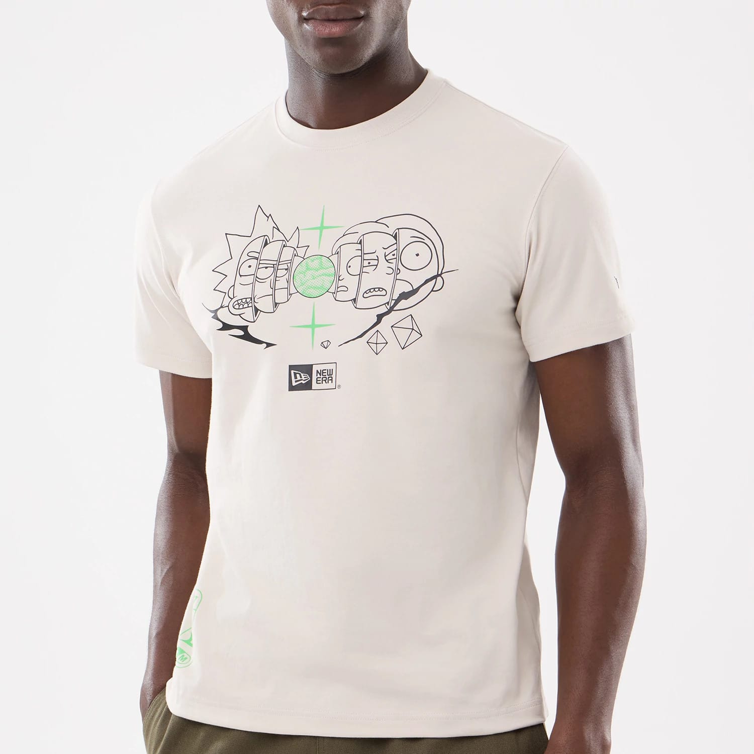 The model is wearing this Rick And Morty Character Stack T-Shirt in cream. 4