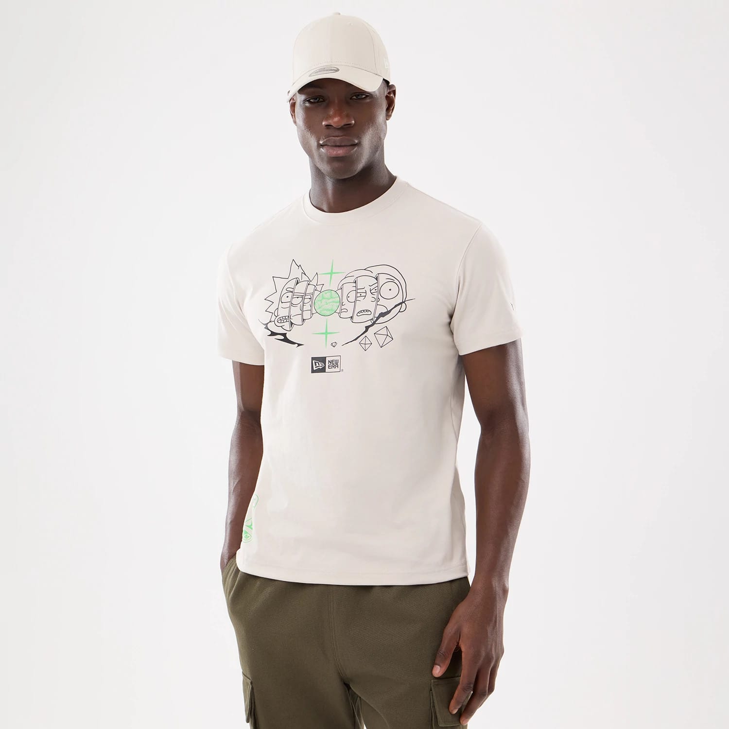 The model is wearing this Rick And Morty Character Stack T-Shirt in cream. 1