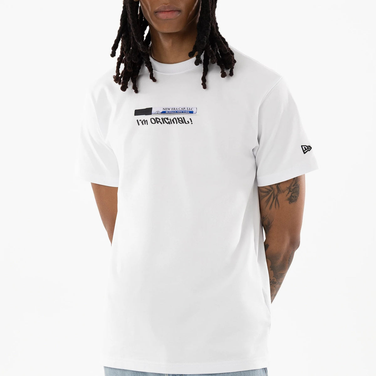New Era I Am Original White T-Shirt, front view showing a white tee with a black and blue design and "I'M ORIGINAL!" text across the chest, a raised New Era logo on the left sleeve.