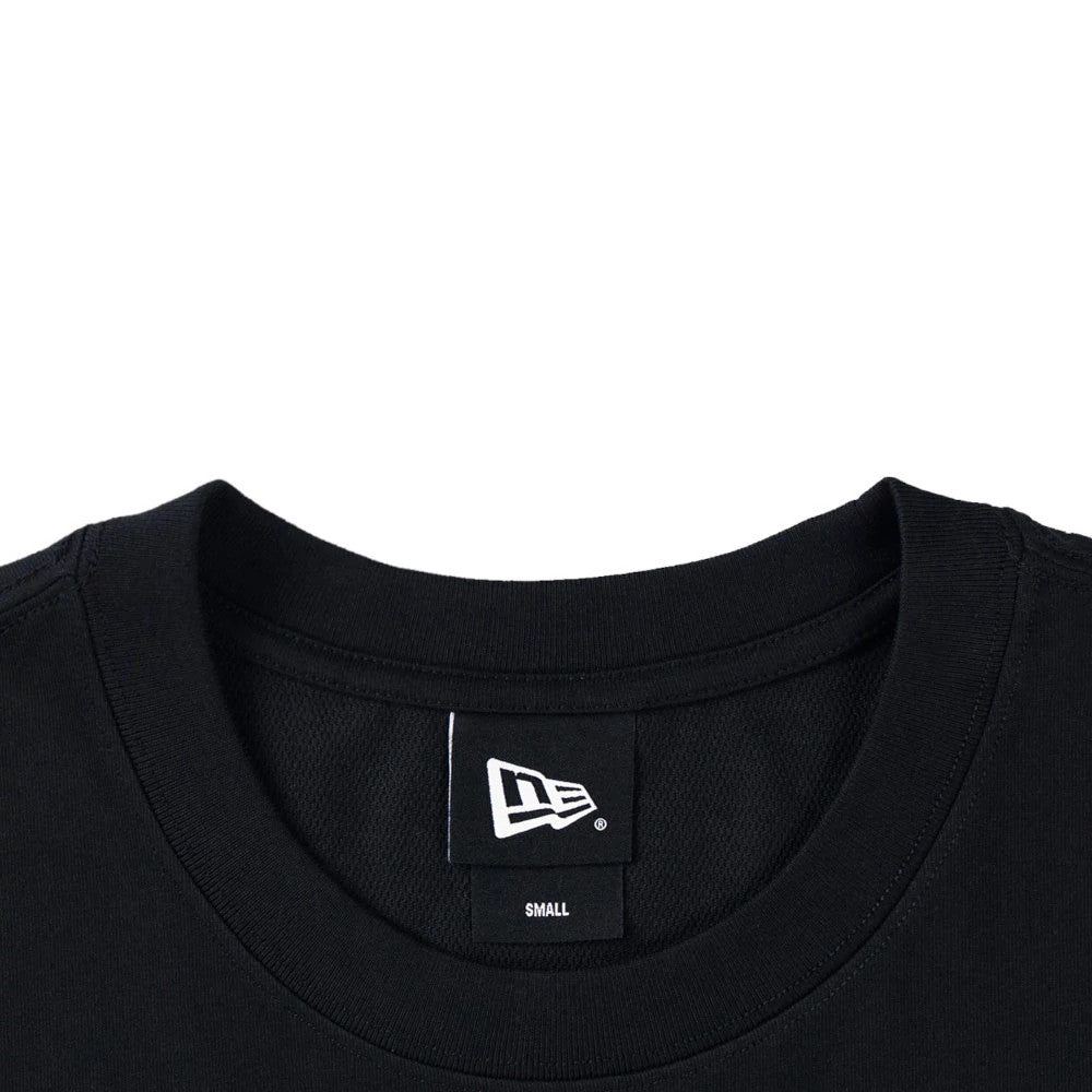 New Era Skate Is Life Graphic Black Oversized T-Shirt, front view highlighting the black neckline with a woven black tag inside, featuring a white raised New Era logo above the word "SMALL" in capital letters.