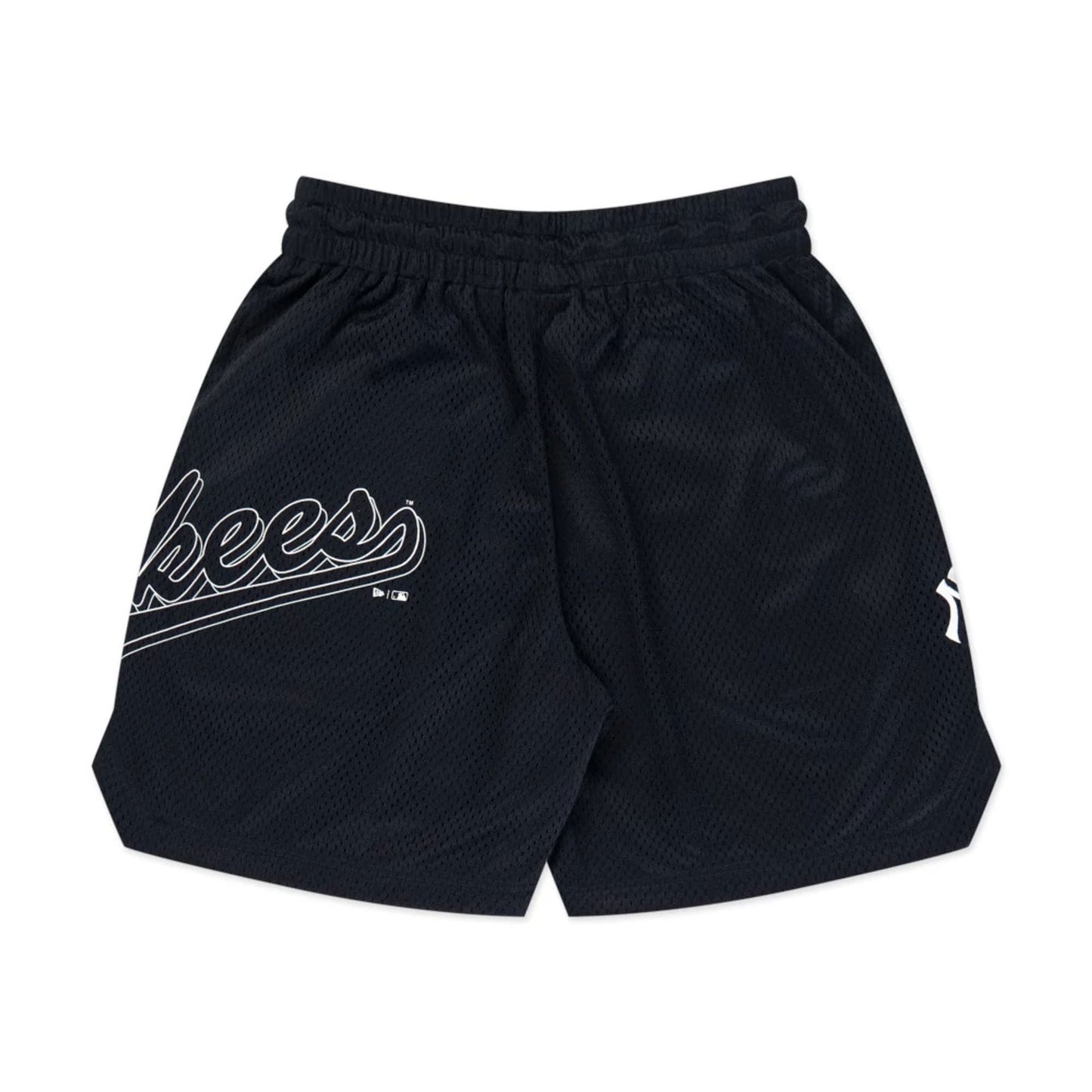 New York Yankees MLB Mix League Black Oversized Mesh Shorts, rear view showing the Yankees script printed across the back in white on the left and a white New Era logo printed on the right leg.