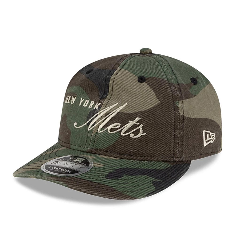 New York Mets Thisisneverthat X MLB Woodland Camo Retro Crown New Era 9FIFTY Cap, three-quarter view showing raised white script embroidery on the front panel, camo pattern across the crown and visor, and 9FIFTY size sticker on the flat visor.