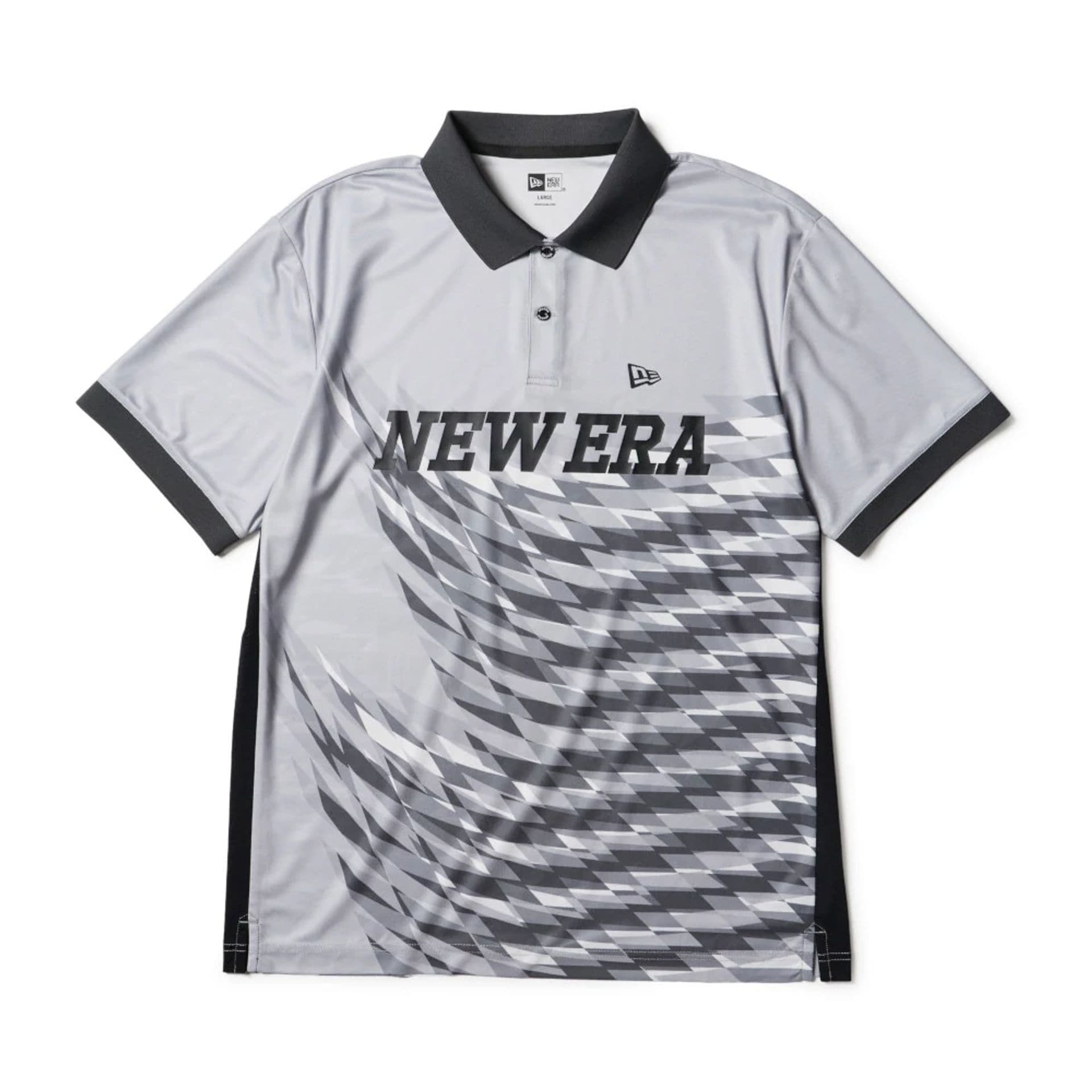 The model is wearing this New Era Grid Polo T-Shirt in grey. 1